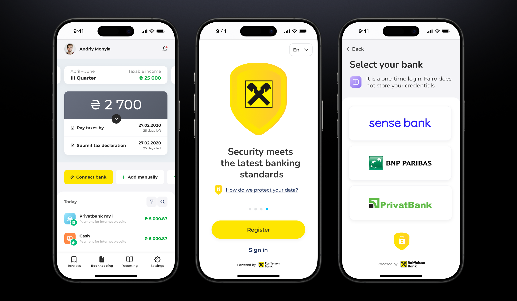 Fairo financial app on a phone held in a hand