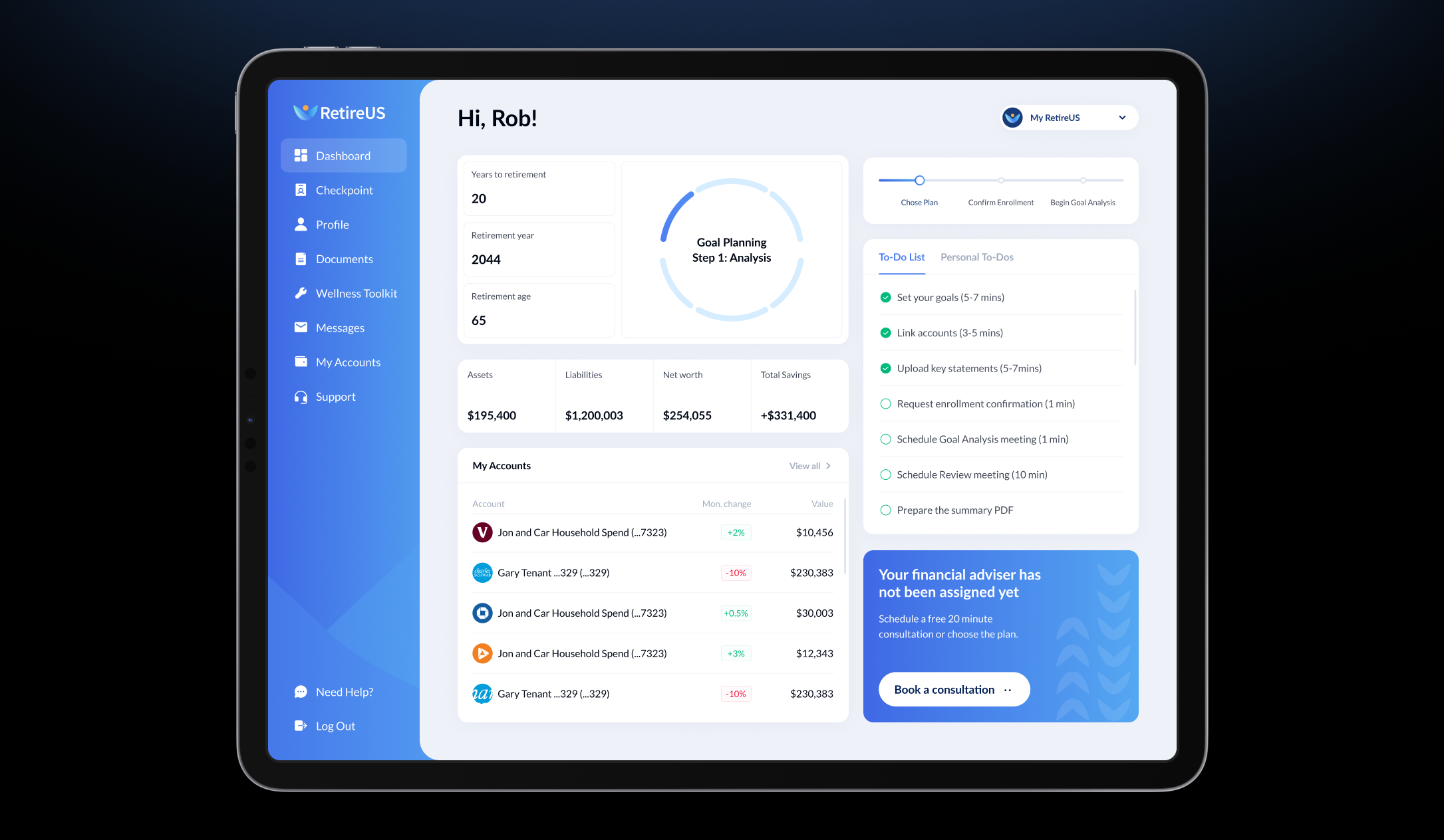RetireUS financial dashboard on a laptop